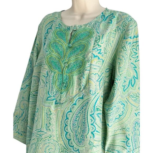 Coldwater Creek Woman's Sz L Green Turquoise Silk Embroidered Tunic Blouse - Picture 2 of 9